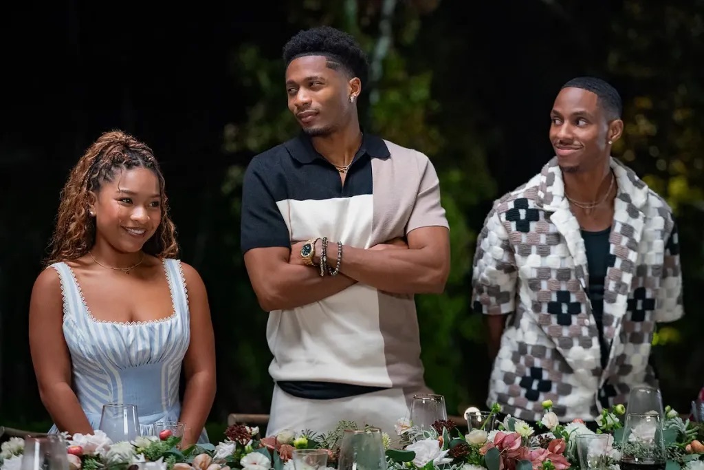 Hayes as Kenya, Da’Vinchi as Marcus Jr., and Charles L. Smith as Denver in Why Did I Get Married Again? (2026). Photo Credit: Courtesy of Netflix – © 2026 Netflix INC.